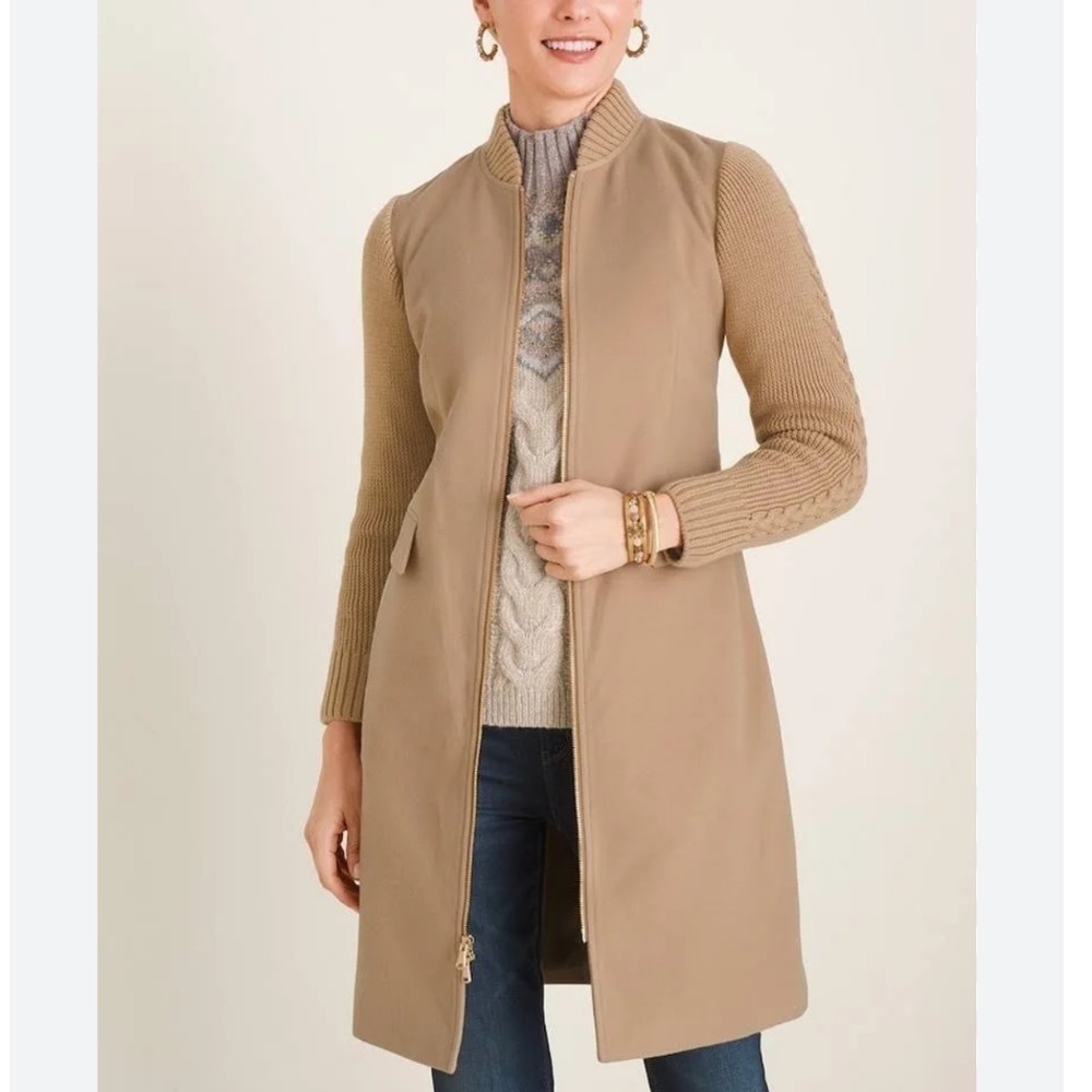 Chicos Tan Cableknit Sleeve Sweater Jacket Size 1 Womens US 8 10 Minimalist